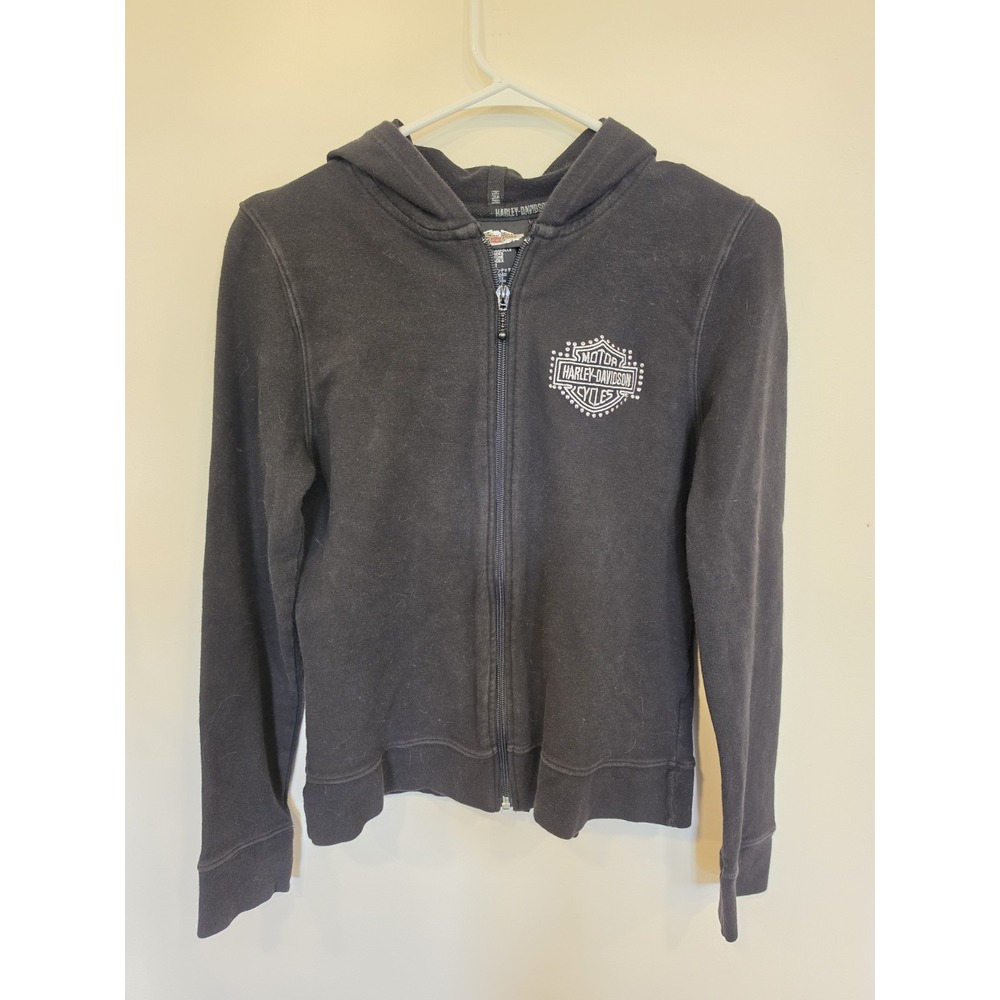 Harley-Davidson Womens M Black Zip Up Hoodie Rhinestone Flame Logo Motorcycle